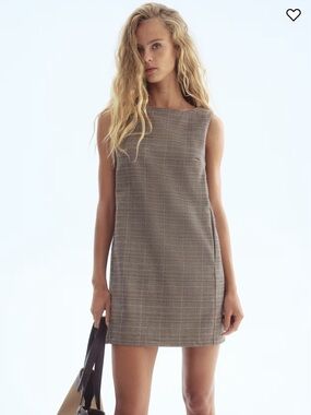 H&M Plaid Mini Shift Dress in Taupe-Brown